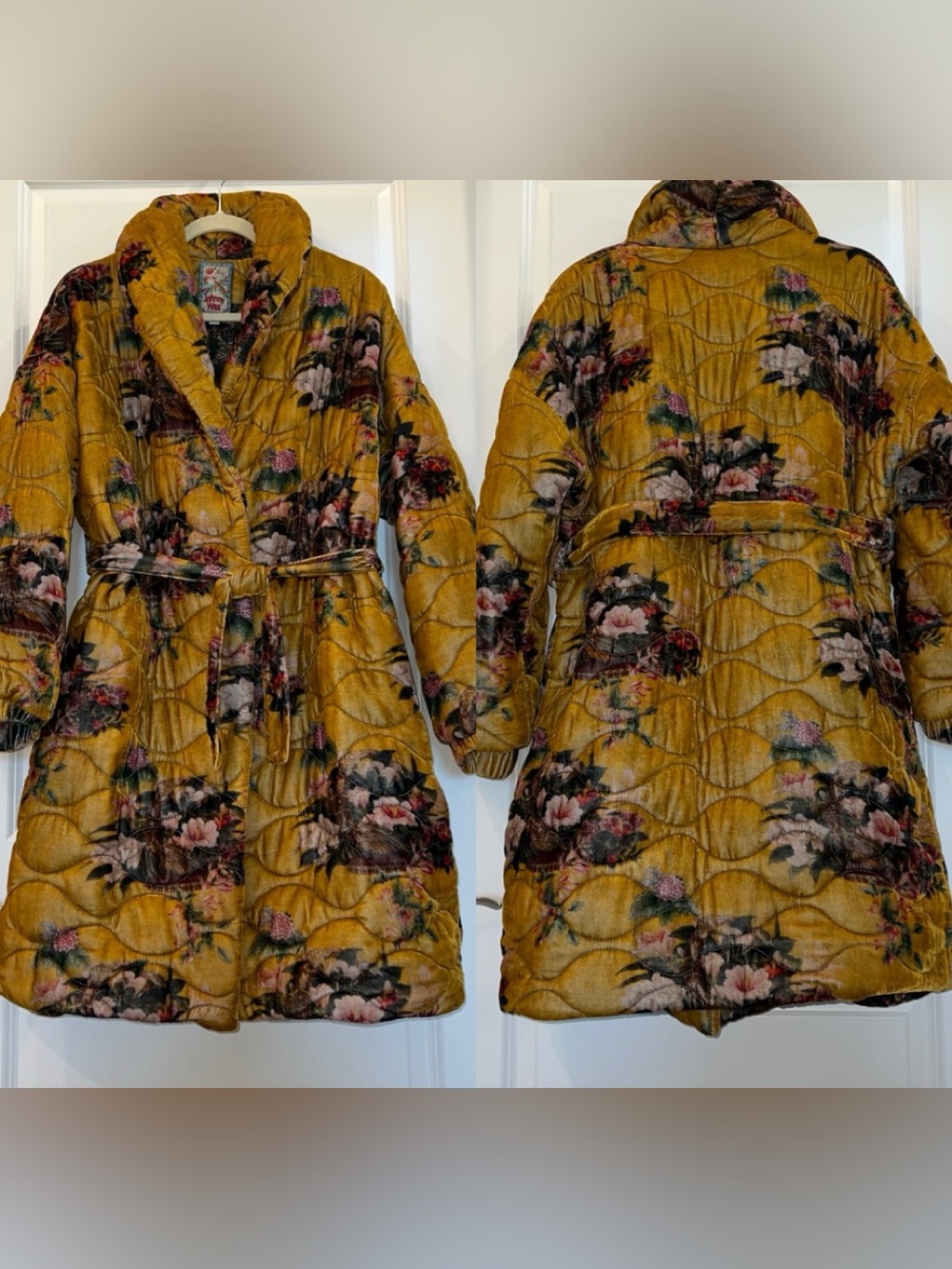 Johnny Was STUNNING FLORA Quilted velvet Floral Coat Mustard  sz.L GREAT $745
